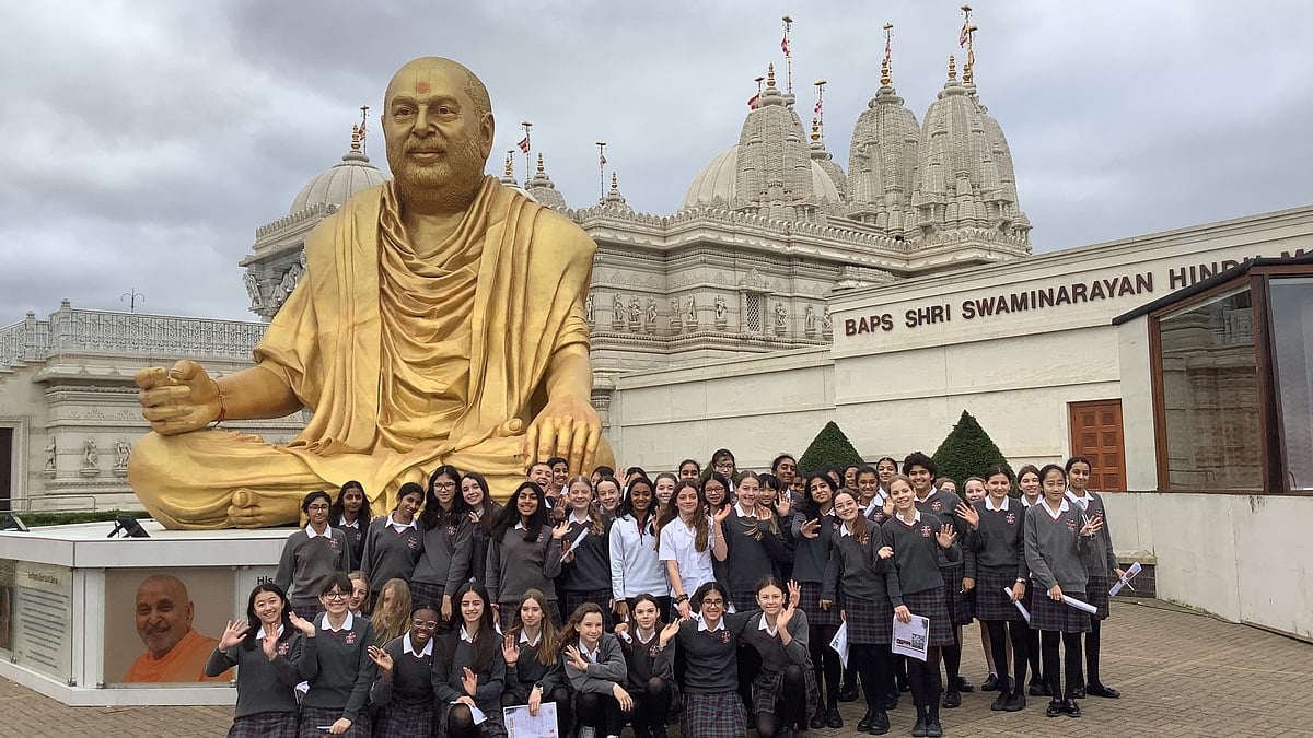 A school group visit the Neasden Mandir, aka BAPS Shri Swaminarayan Hindu Temple, in Southall (photo courtesy @LEHSchool/X)