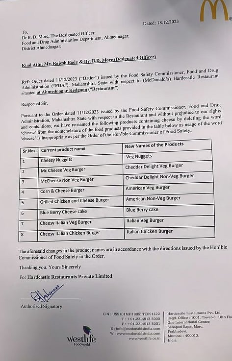 A copy of the letter received by the FDA from the operator of the McDonald's franchisee renaming its products (photo: FDA Maharashtra)