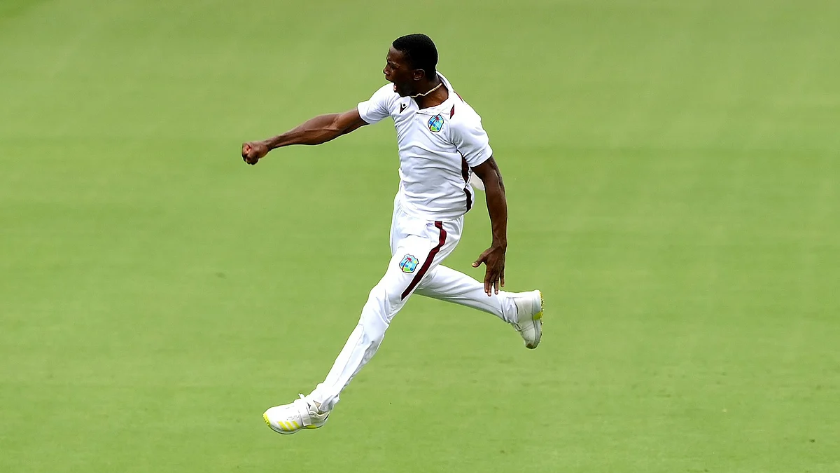Shamar Joseph exults during his demolition for the West Indies at the Gabba on 28 January (photo courtesy @windiescricket/X)