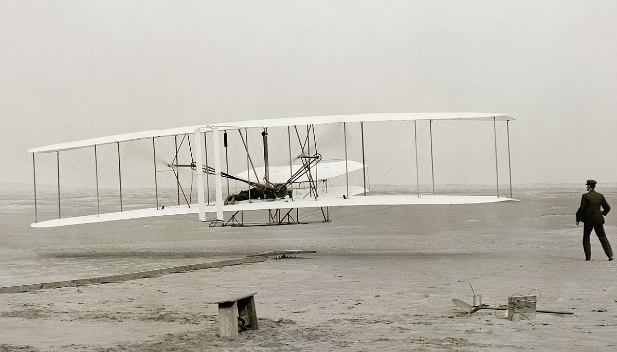 First successful flight of the Wright Flyer by the Wright brothers in December 1917 in the USA