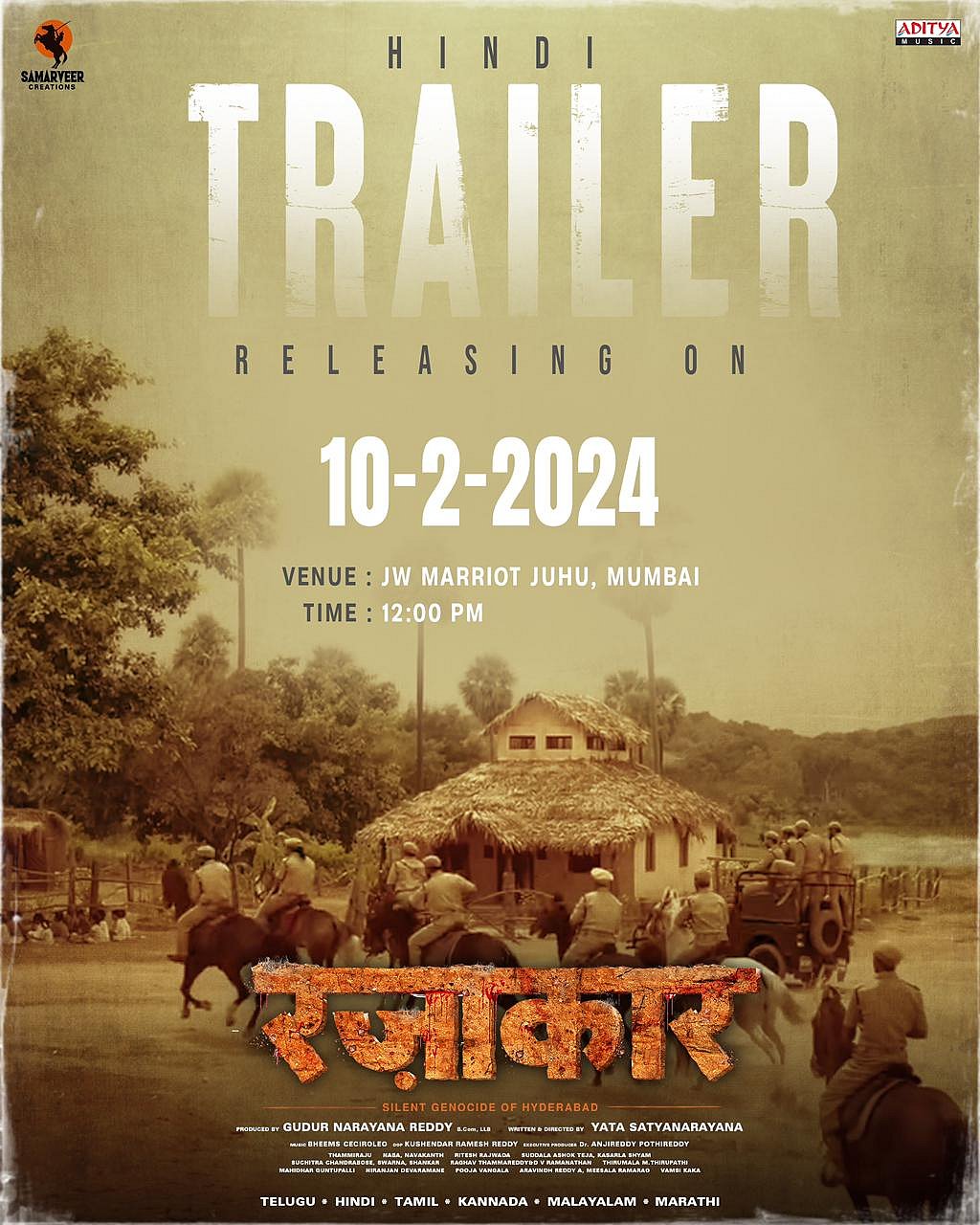 Poster advertising the release of the Hindi trailer for Razakar (photo courtesy: @SamarveerCLLP/X)