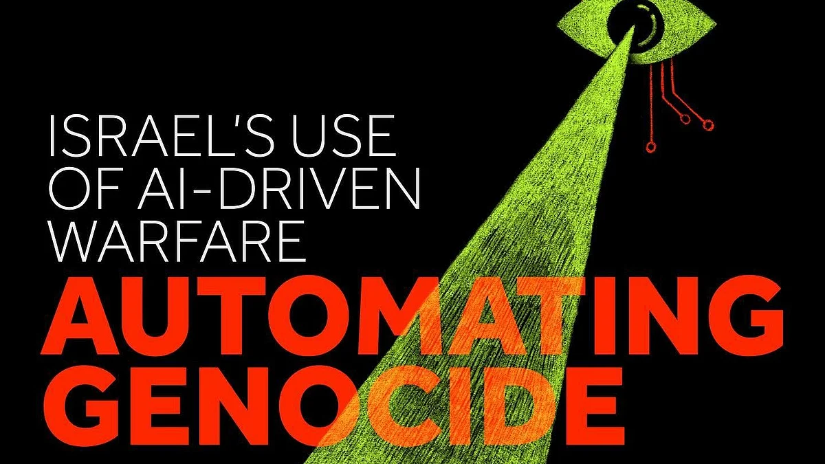 Representative image of an eye attached to circuitry, casting a spotlight on human silhouettes; legend reads 'Automating Genocide: Israel's Use of AI-driven Warfare' (photo courtesy @visualizing_palestine/Instagram)