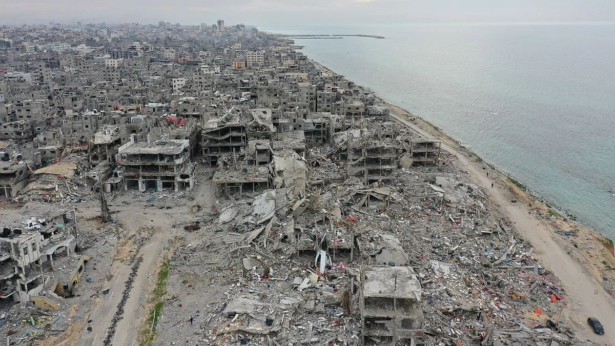 Rubble and shells of buildings are all that are left in parts of Rafah, Gaza, by the seashore, from Israel's air strikes (photo courtesy @UNRWA/X)