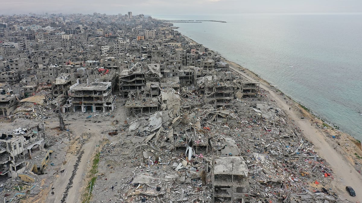 Rubble and shells of buildings are all that are left in parts of Rafah, Gaza, by the seashore, from Israel's air strikes (photo courtesy @UNRWA/X)