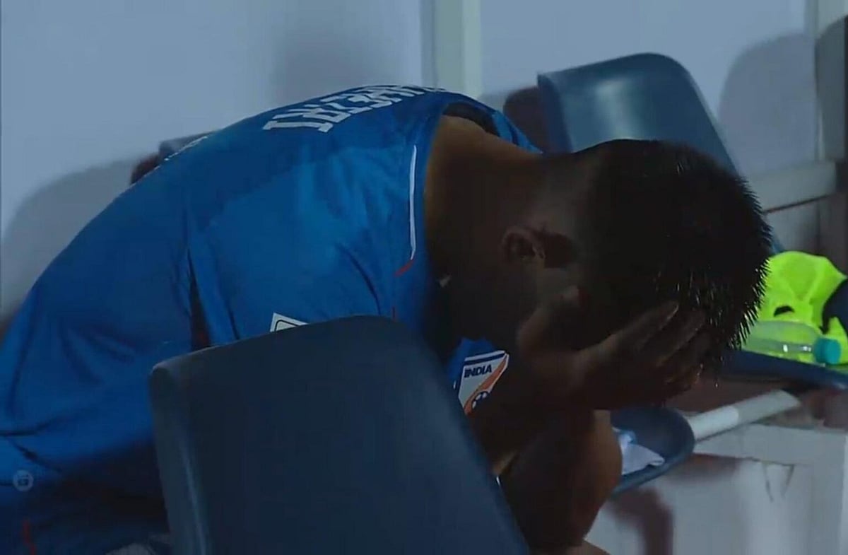 A distraught Sunil Chhetri after India's defeat in Guwahati (screengrab from Jio Cinema) 