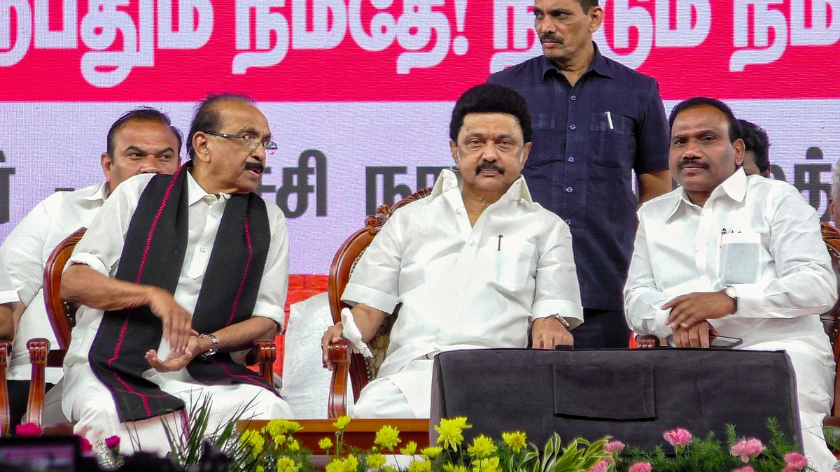 Tamil Nadu chief minister M.K. Stalin (centre) with party leaders A. Raja and Vaiko (far left) at an election rally in Trichy (photo: PTI)