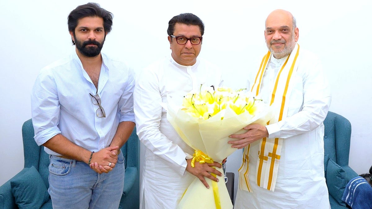 Raj Thackeray (centre) and son Amit (left) with home minister Amit Shah (photo: @RajThackeray/X