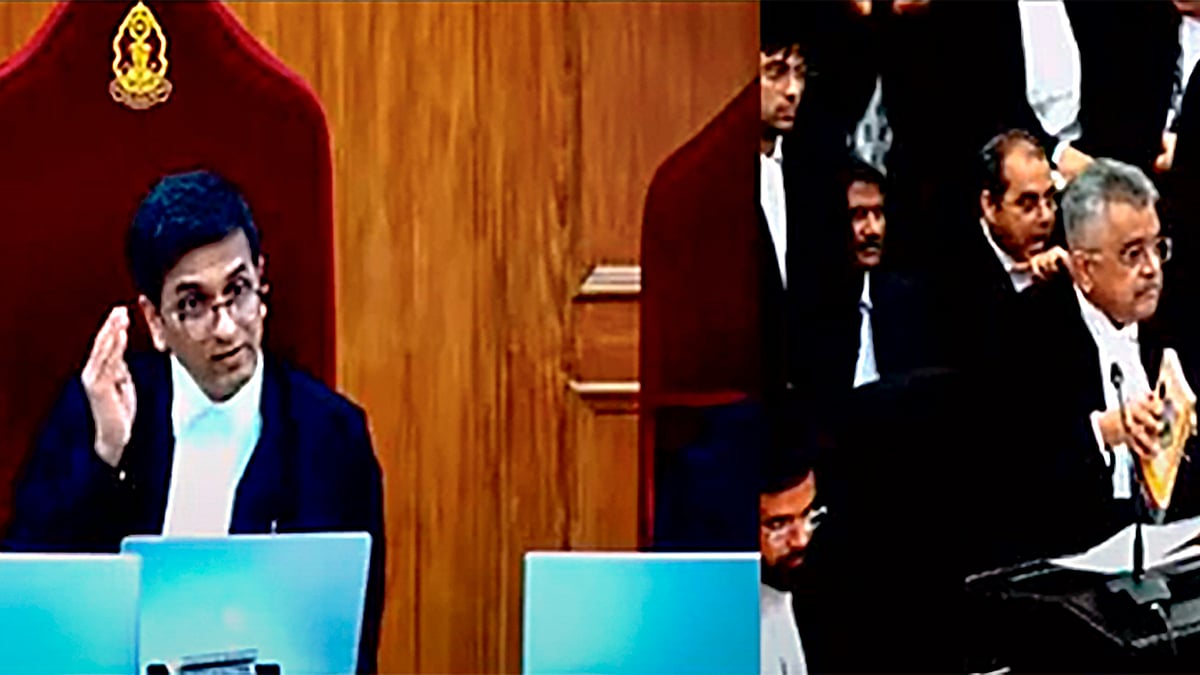 CJI D.Y. Chandrachud (left) reacts during a hearing on electoral bonds in New Delhi on 15 March (photo: PTI)