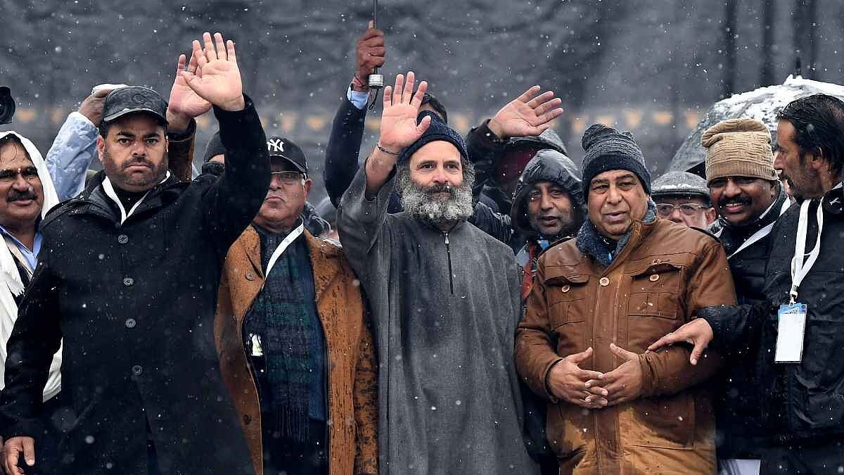 Congress leader Rahul Gandhi in Kashmir during the Bharat Jodo Yatra in January 2023 (photo: @harsht2024/X)