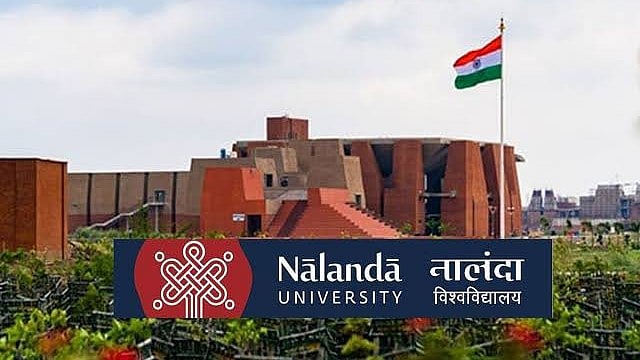 Representative image of the (revived) Nalanda University in Bihar, with the tricolour unfurled overhead (photo courtesy @the_lastmonk/X)