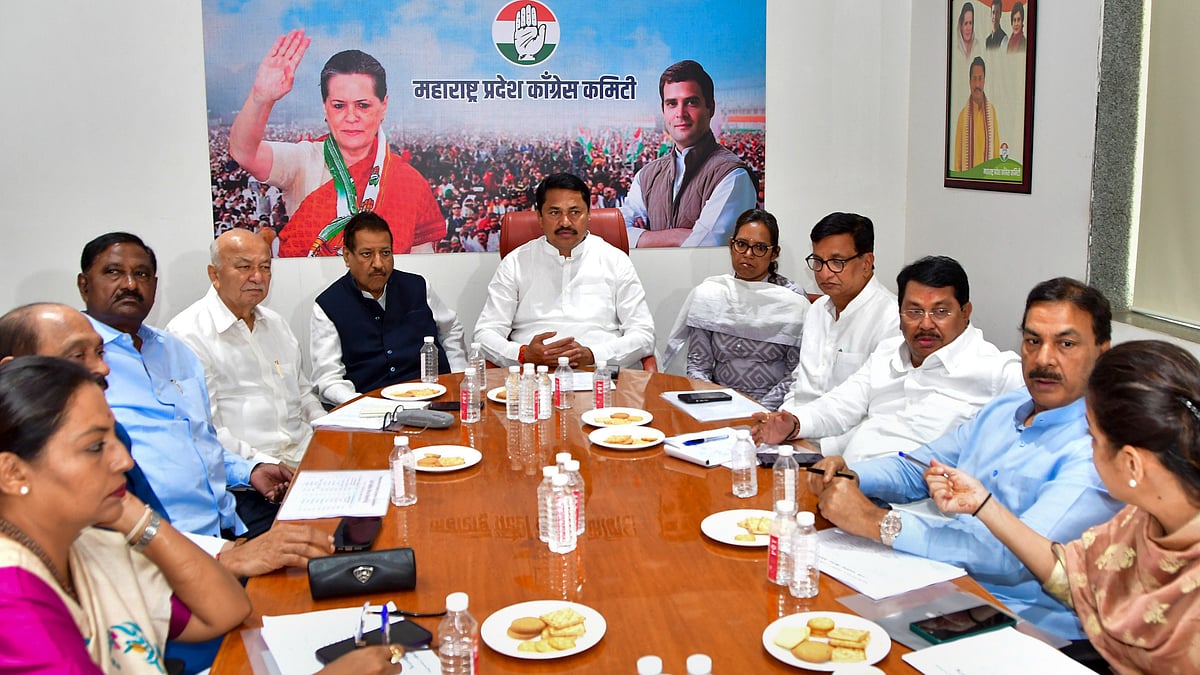 Maharashtra Congress president Nana Patole (at head of table) chairs the party's core committee meeting in Mumbai on 5 March 2024 (photo: PTI)