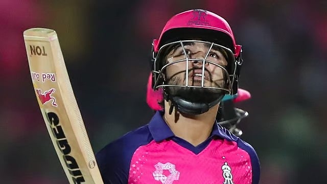 Riyan Parag on reaching his half-century in Jaipur on 28 March (photo: @rajasthanroyals/X)