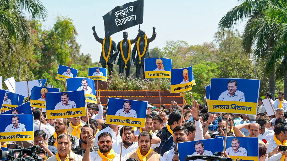 AAP workers and supporters protest at Shaheedi Park in New Delhi on 23 March (photo: PTI)