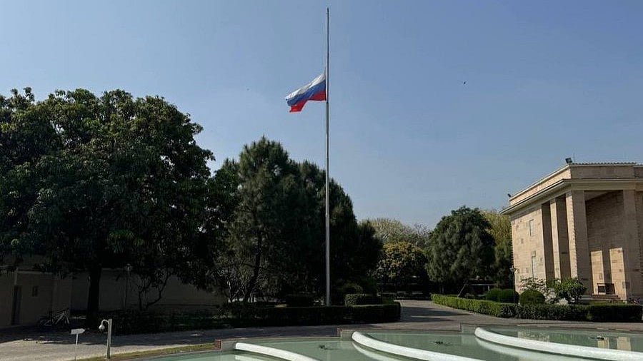 The Russian embassy flag at half-mast (photo: @RusEmbIndia/X)