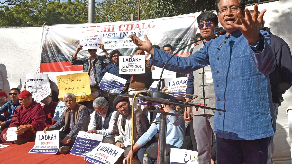 Sonam Wangchuk (right) and other Ladakhis protest at Jantar Mantar, New Delhi, demanding full statehood in 2023 (photo: Getty Images)