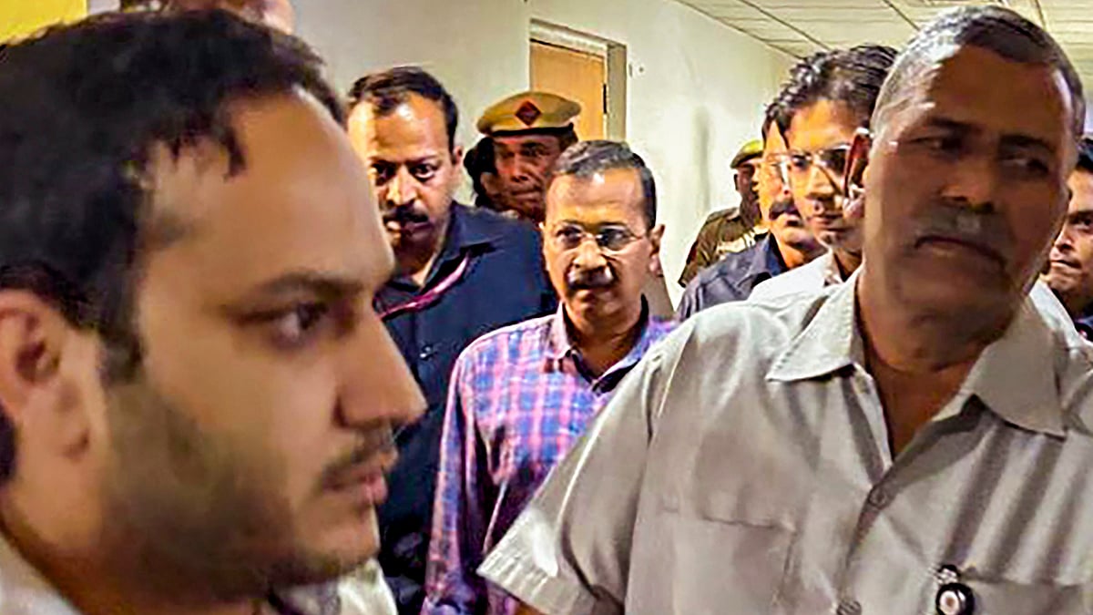 Delhi chief minister Arvind Kejriwal at Rouse Avenue Court in New Delhi today (photo: PTI)