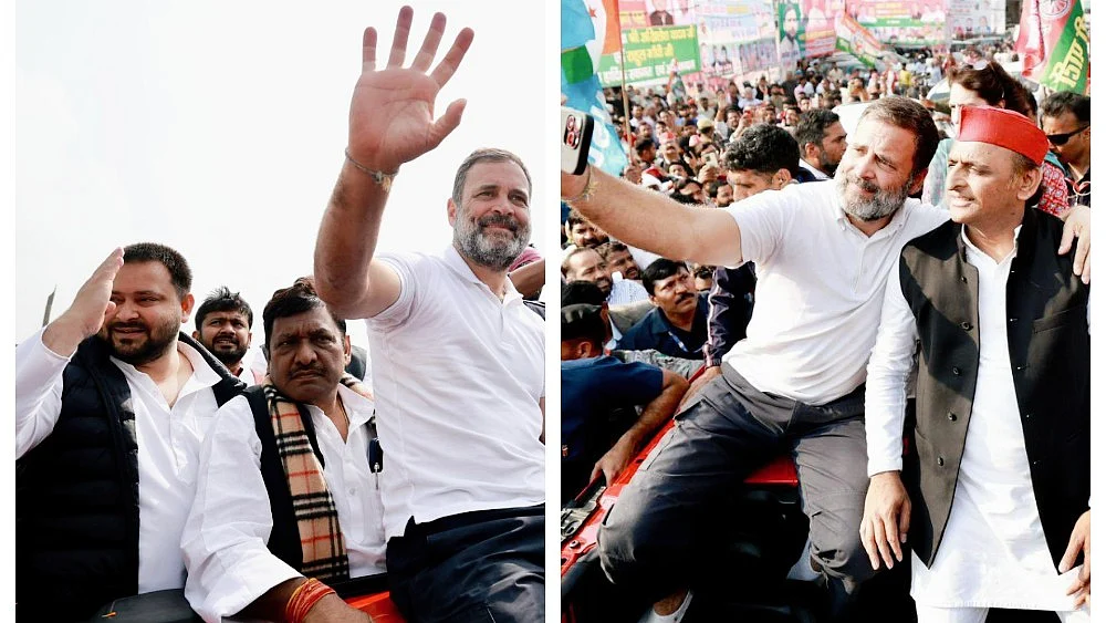 Rahul Gandhi with Tejashwi Yadav (far left) and Akhilesh Yadav (file photos)