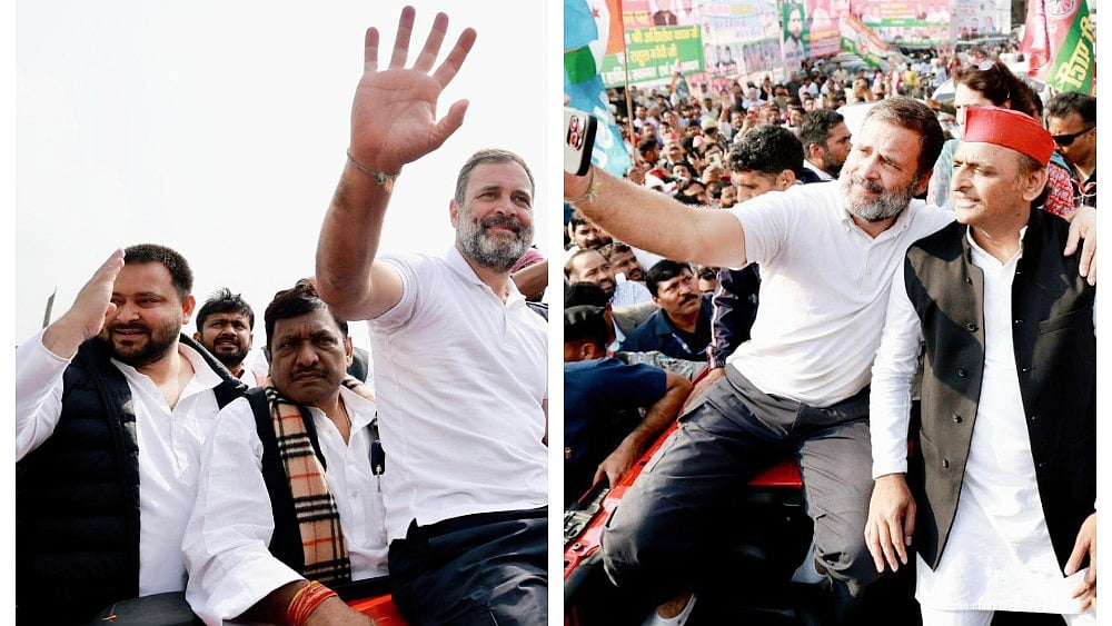 Rahul Gandhi with Tejashwi Yadav (far left) and Akhilesh Yadav (file photos)