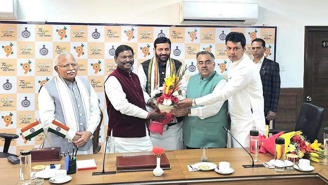 Saini (middle, with tricolour scarf) was named as Haryana’s new chief minister on 12 March (photo: @NayabSainiBJP/X)