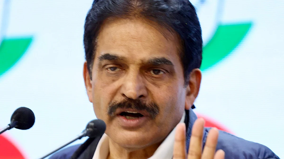 K.C. Venugopal addresses a press conference at AICC headquarters in New Delhi (photo: PTI)