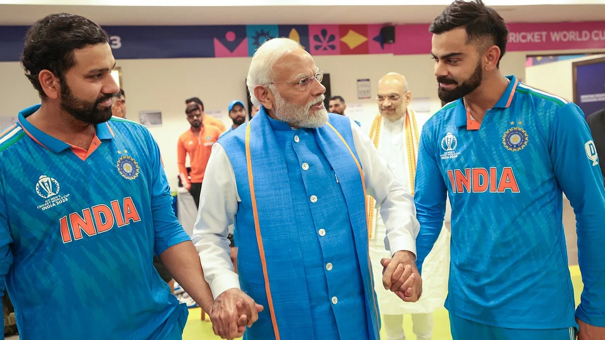 The #Panauti tag in connection with Narendra Modi emerged during the World Cup, with its finals in a stadium named for the Prime Minister (photo courtesy @KohliSensation/X shows him in the dressing room consoling Team Inda)