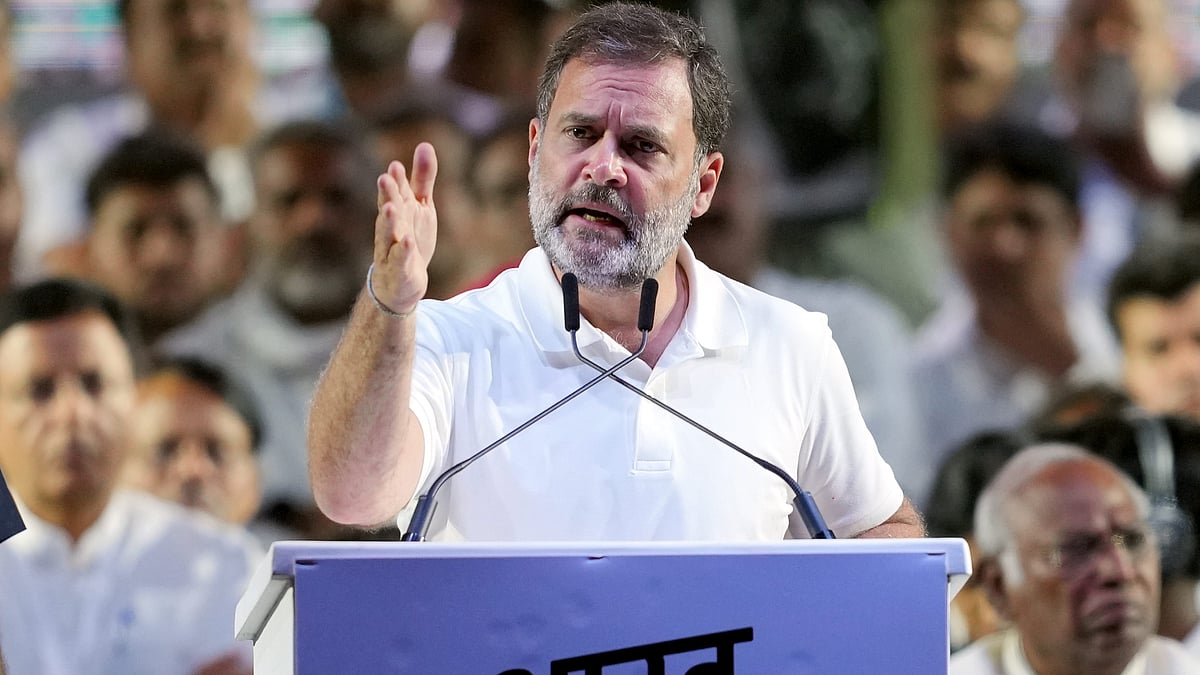 Congress leader Rahul Gandhi speaks at the close of the Bharat Jodo Nyay Yatra in Mumbai (photo: PTI)