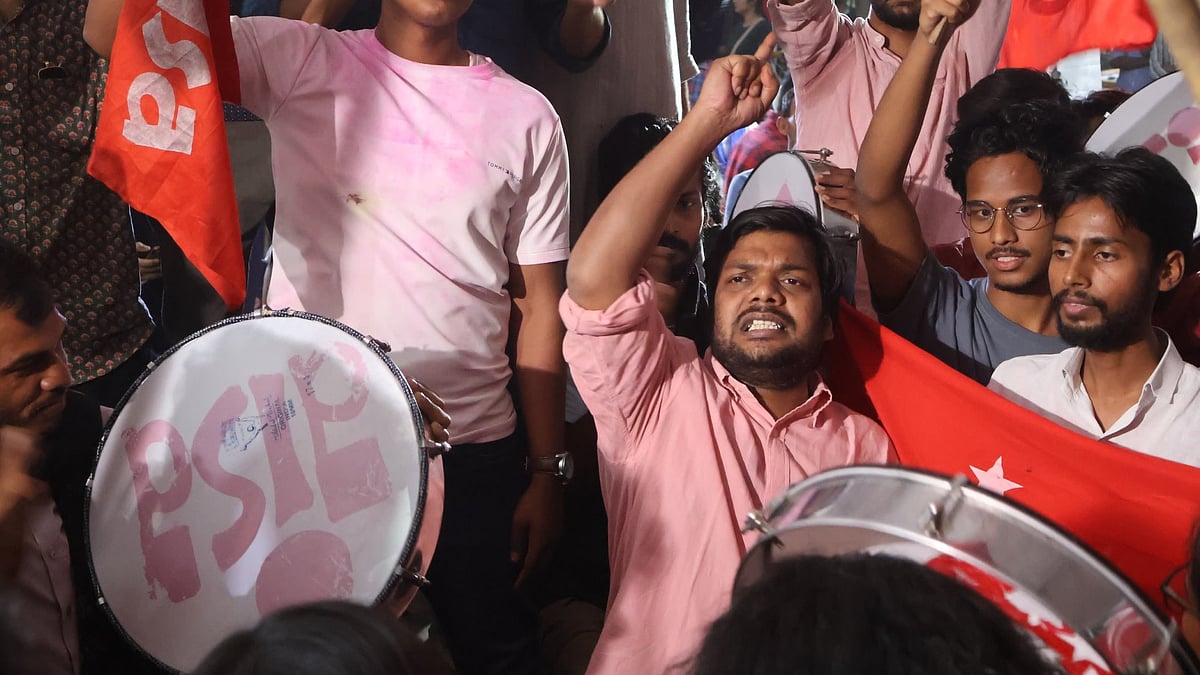 JNUSU president and PhD scholar Dhananjay addresses the victory gathering (photo: @AISA_tweets/X)