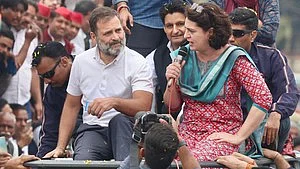 Congress leaders Rahul Gandhi and Priyanka Gandhi Vadra in Moradabad on 25 February (photo: IANS)