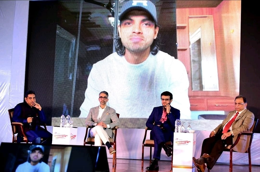 From left: Boria Majumdar (moderator), Abhinav Bindra, Sourav Ganguly and Adille Sumariwalla on zoom call with Neeraj. (photo: Revsportz)