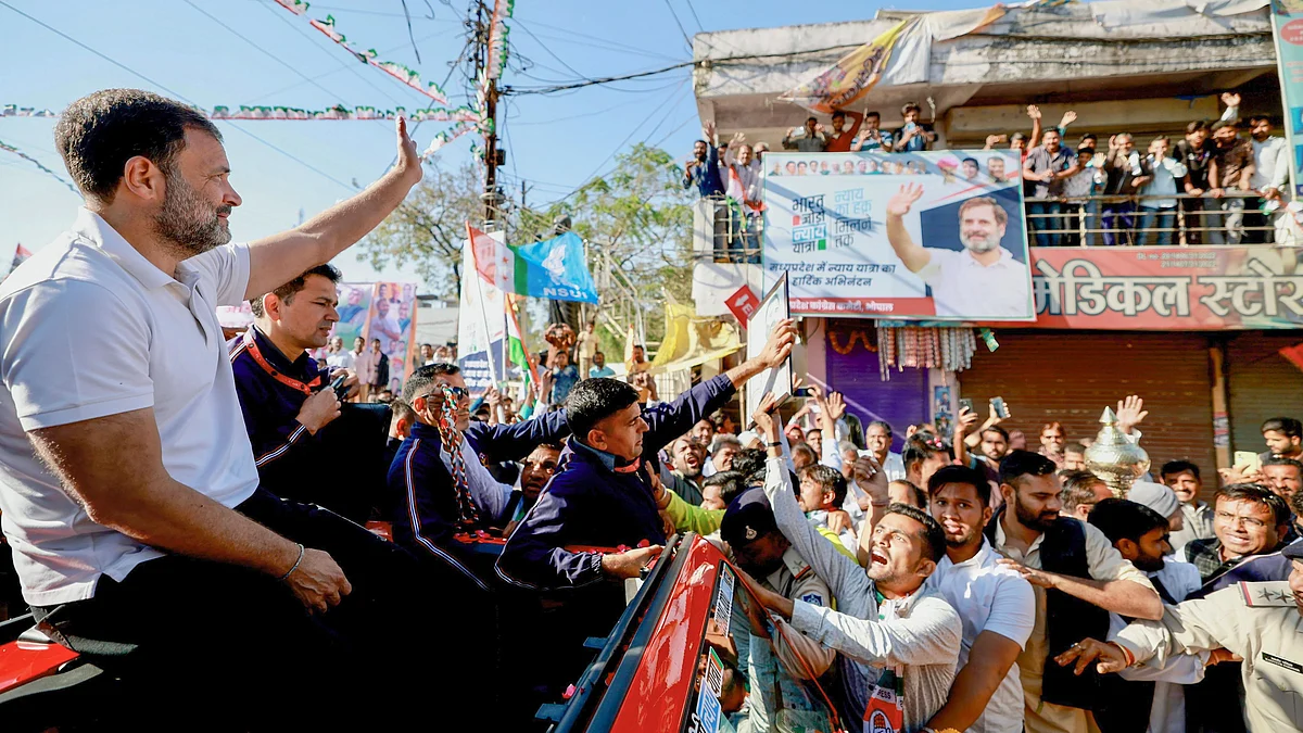 Congress leader Rahul Gandhi waves at supporters in Madhya Pradesh on Tuesday (photo: PTI)