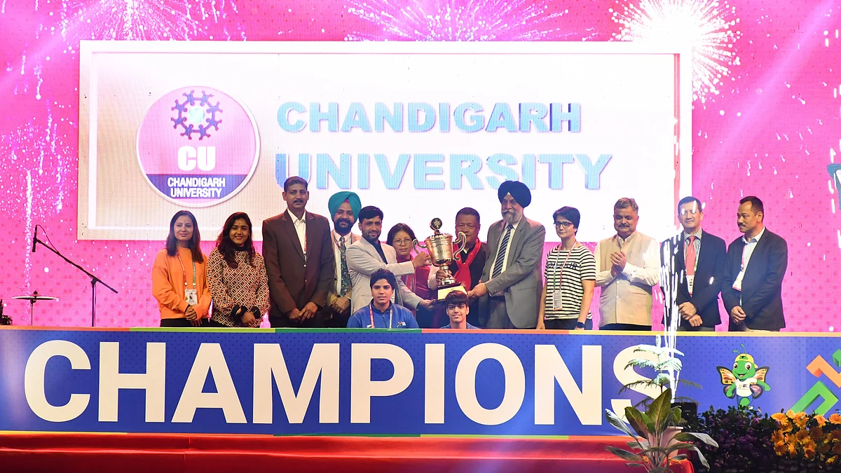 Members of Chandigarh University at the podium on Thursday, 29 February (photo: SAI)