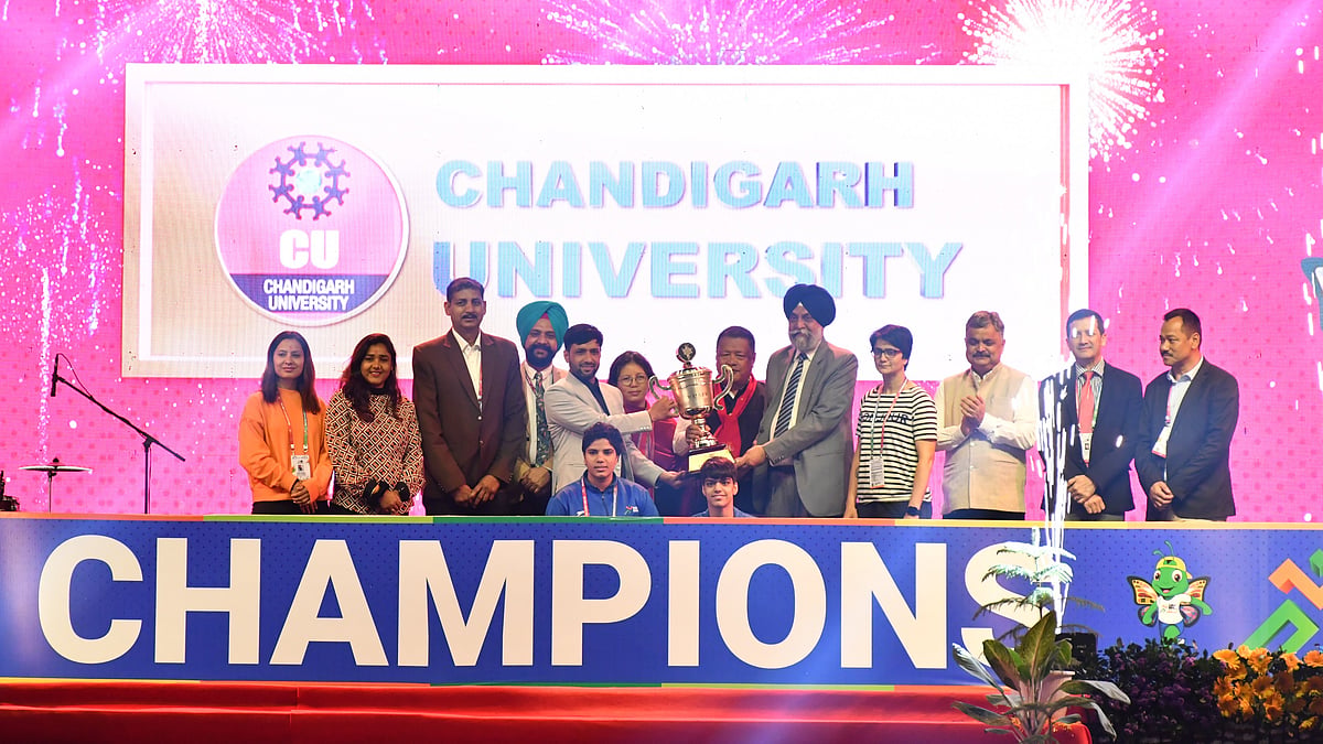 Members of Chandigarh University at the podium on Thursday, 29 February (photo: SAI)