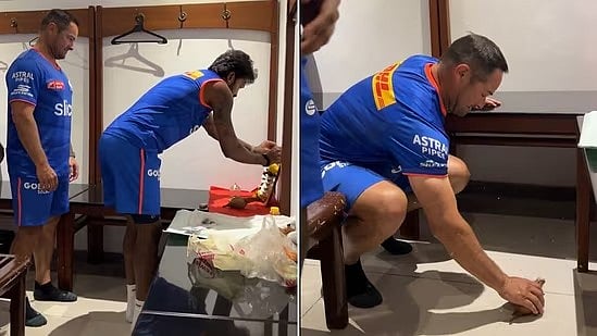 Hardik Pandya placing a garland on a Hindu deity’s portrait (photo courtesy: Mumbai Indians)