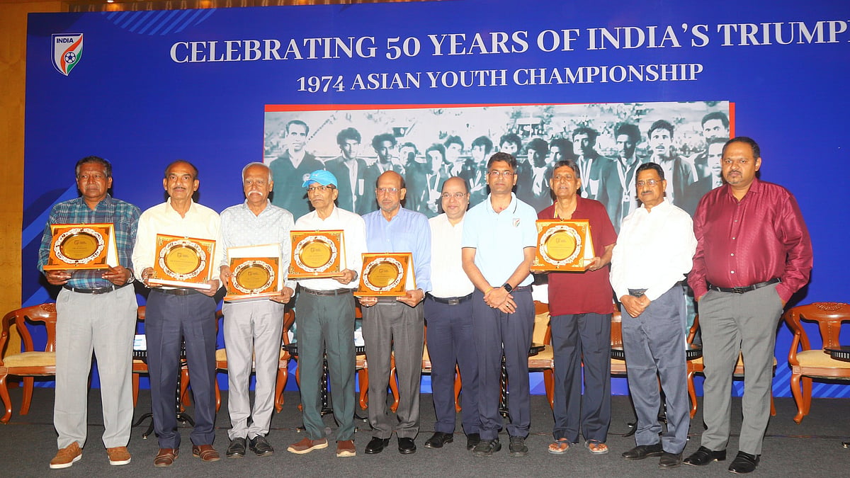 Members of 1974 squad line up at the AIFF reception in Kolkata