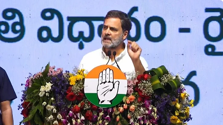 Rahul Gandhi addresses a rally in Hyderabad on Saturday, 6 April 2024