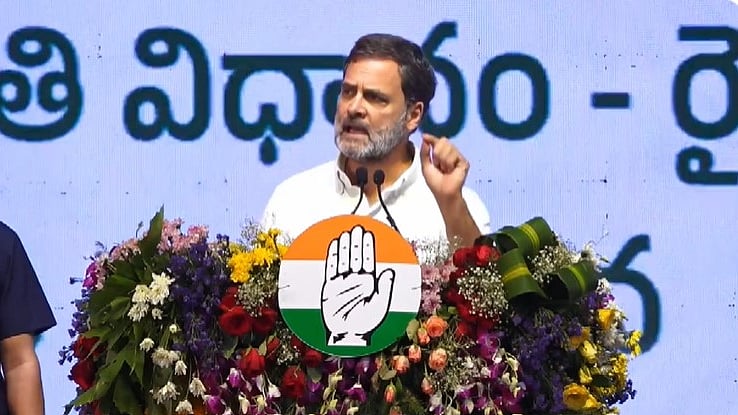 Rahul Gandhi addresses a rally in Hyderabad on Saturday, 6 April 2024