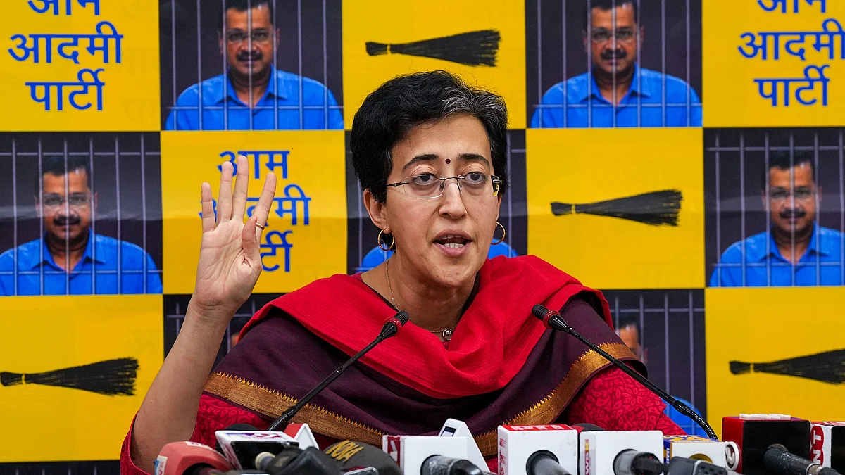 Delhi minister Atishi addresses a press conference in New Delhi on 6 April 6 (photo: PTI)