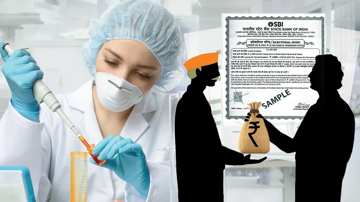 Collage includes a representative image of a pharmaceutical lab, an electoral bond, and two silhouetted figures of whom one hands over a bag of money to another in a saffron Gandhi topi (image: National Herald)