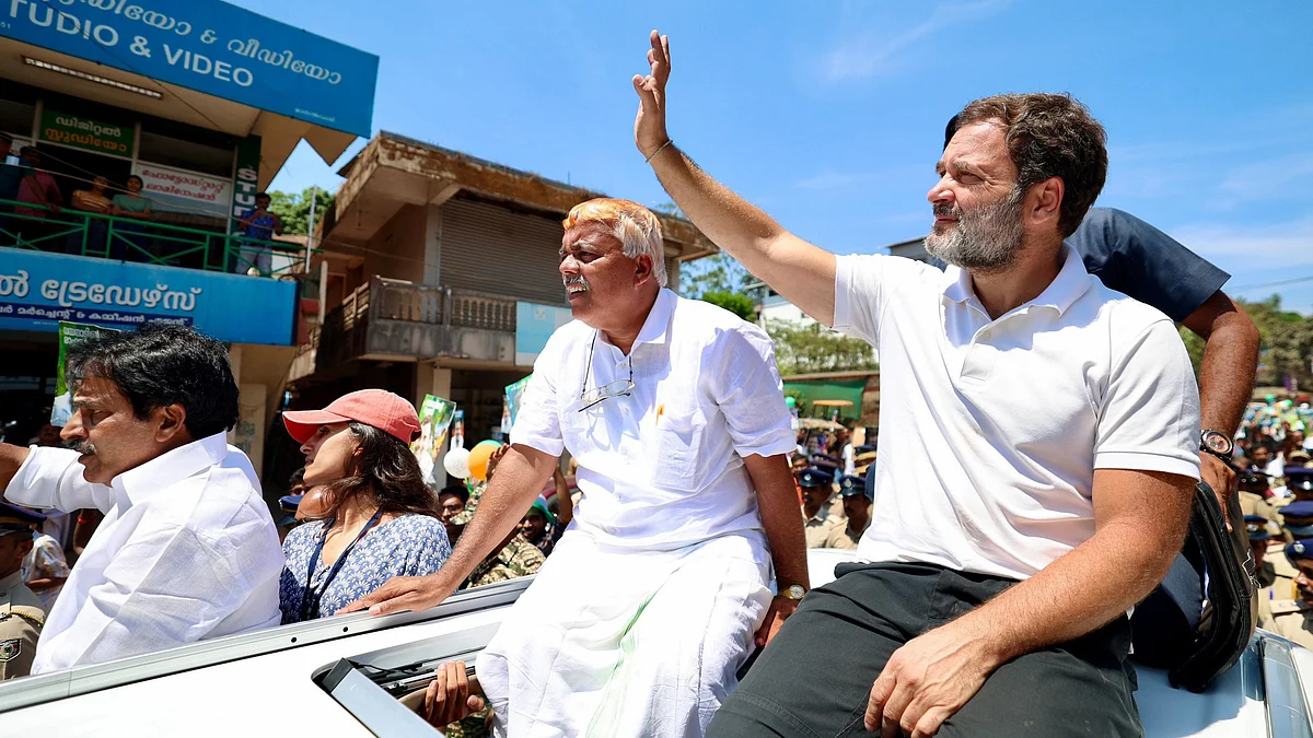 Congress leader Rahul Gandhi speaks during an election campaign road show for the Lok Sabha polls, in Wayanad, Kerala, 15 April (photo: PTI)