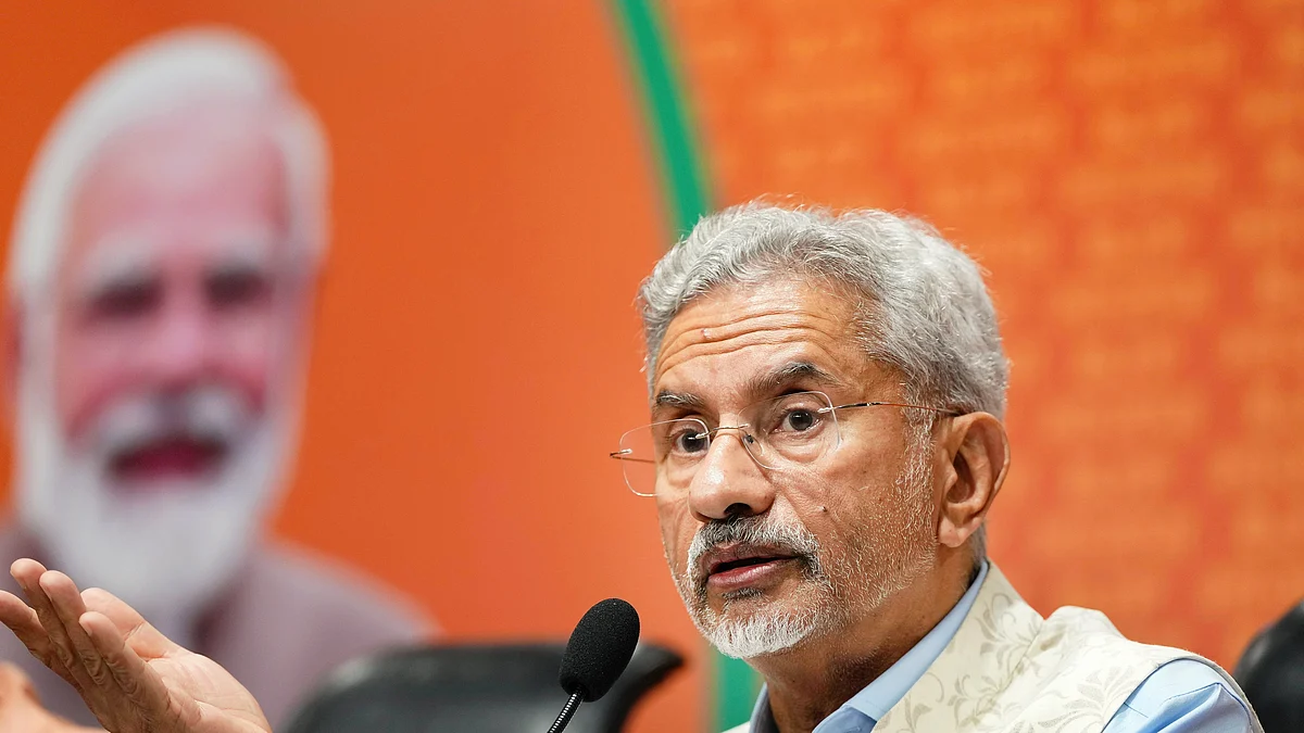 External affairs minister S. Jaishankar at the press meet in the BJP headquarters in New Delhi (photo: PTI)