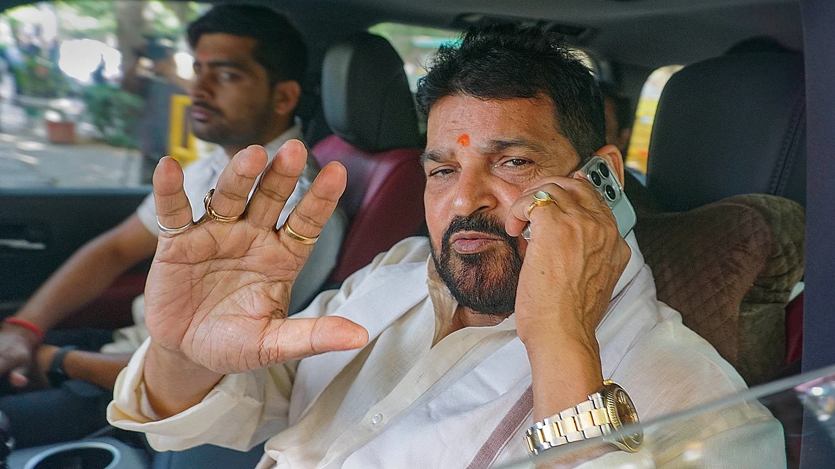 Former WFI president Brij Bhushan Sharan Singh at the Rouse Avenue Court in New Delhi (photo: PTI)