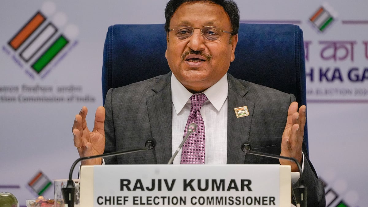 Chief election commissioner Rajiv Kumar announcing the general election schedule in New Delhi on 16 March 2024 (photo: PTI)  