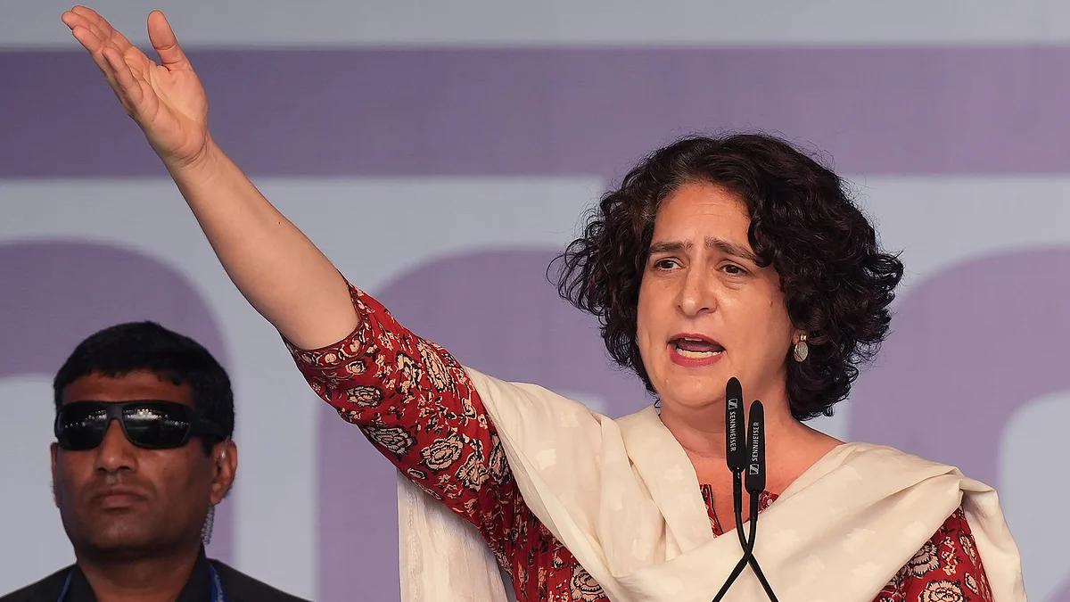 Congress leader Priyanka Gandhi Vadra addresses during INDIA bloc's rally in New Delhi on 31 March (photo: PTI)
