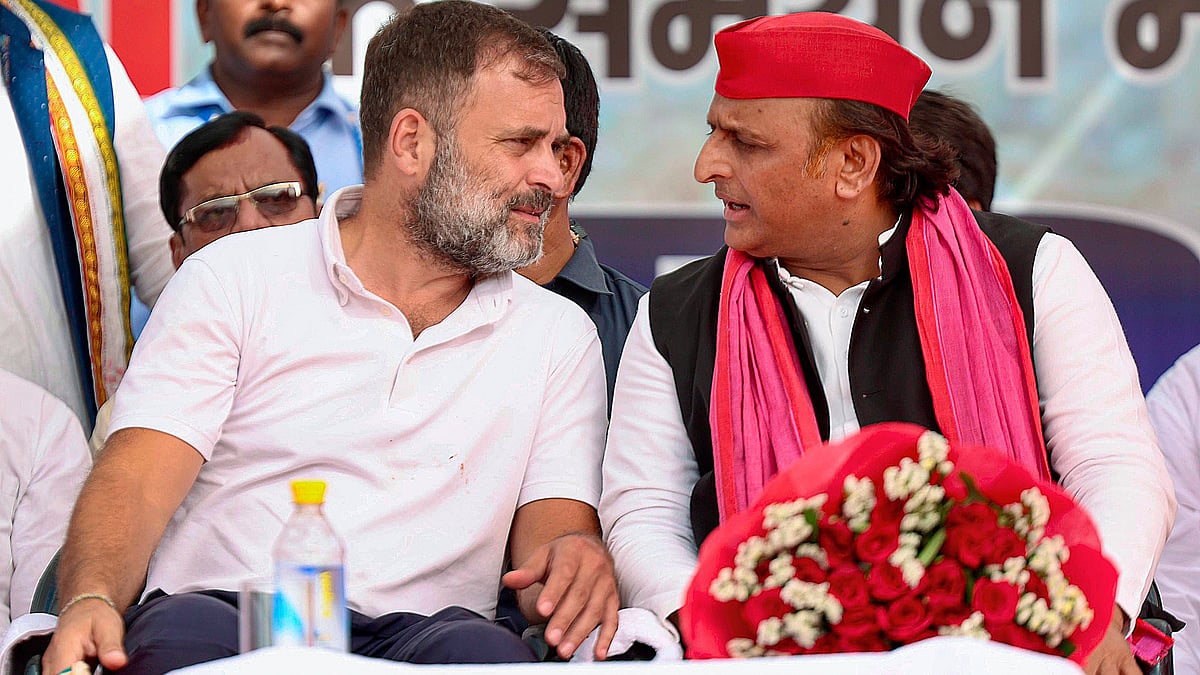 Rahul Gandhi and Akhilesh Yadav during a public meeting in Amroha on 20 April (photo: PTI)
