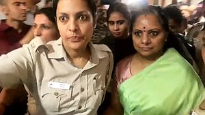 K Kavitha being produced at Delhi court on 12 April (photo: IANS)