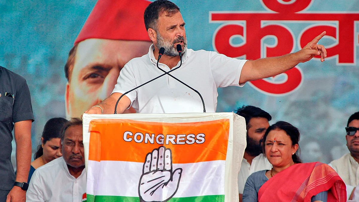 Rahul Gandhi speaks during a public meeting in Amroha on 20 April (photo: PTI)