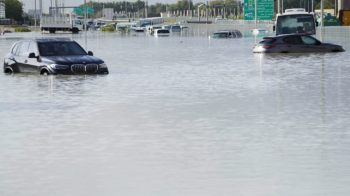Floodwater covering a major road in Dubai (photo: AP/PTI)
