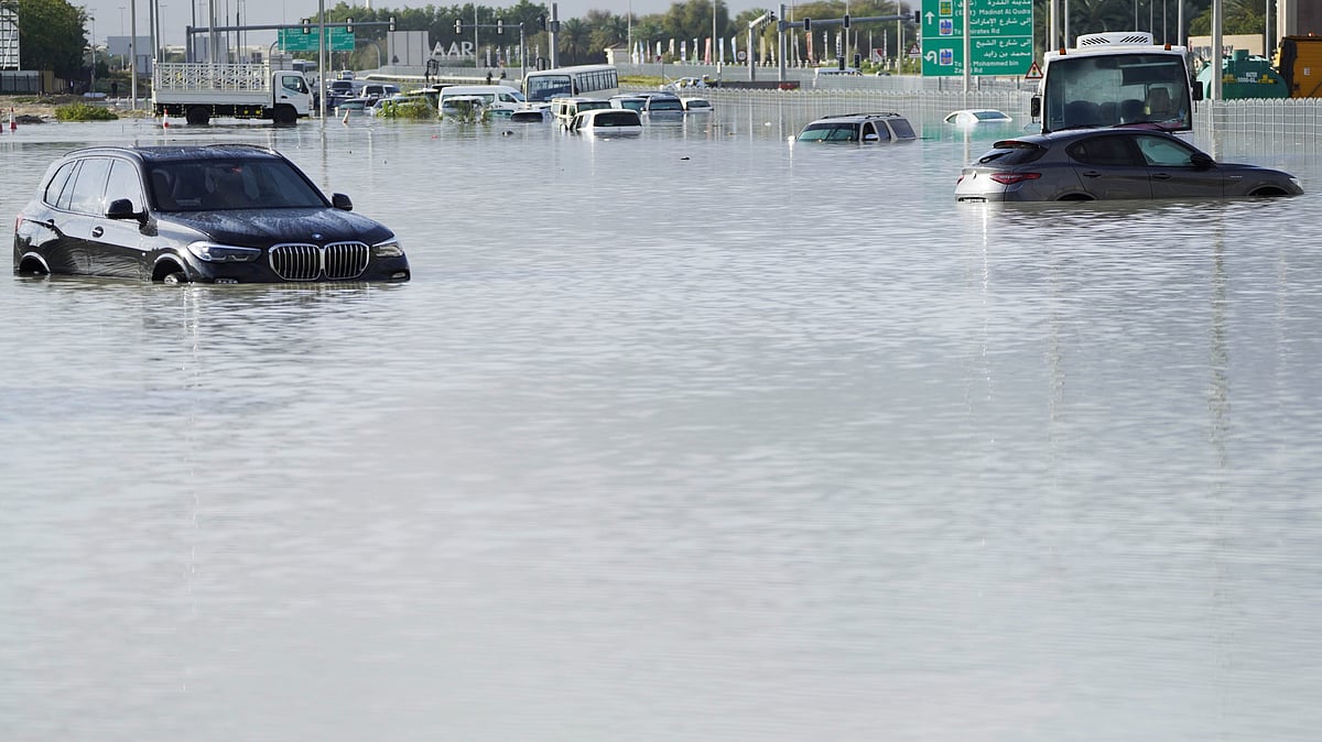 Floodwater covering a major road in Dubai (photo: AP/PTI)