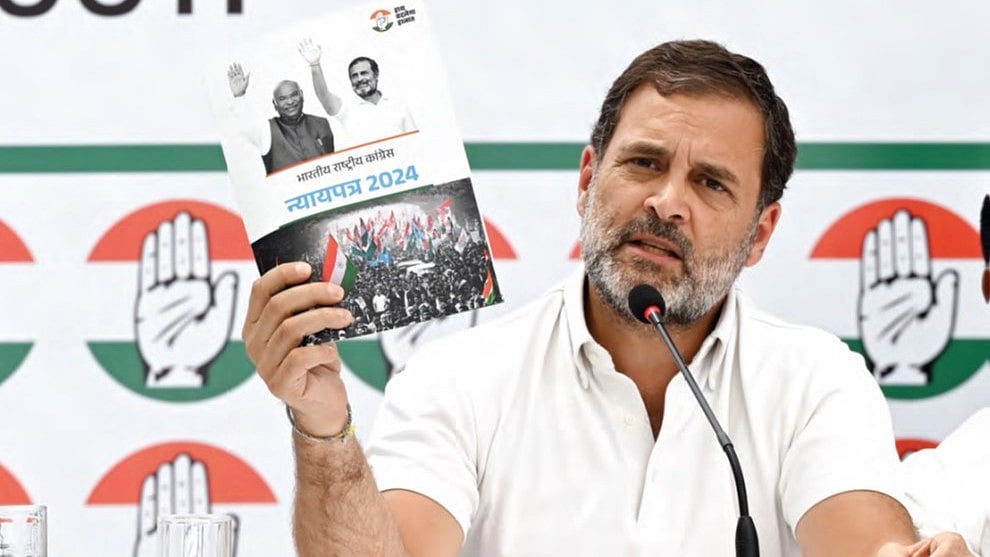 Rahul Gandhi at the release of the Congress party manifesto for 2024 Lok Sabha elections. (Photo: Getty Images)