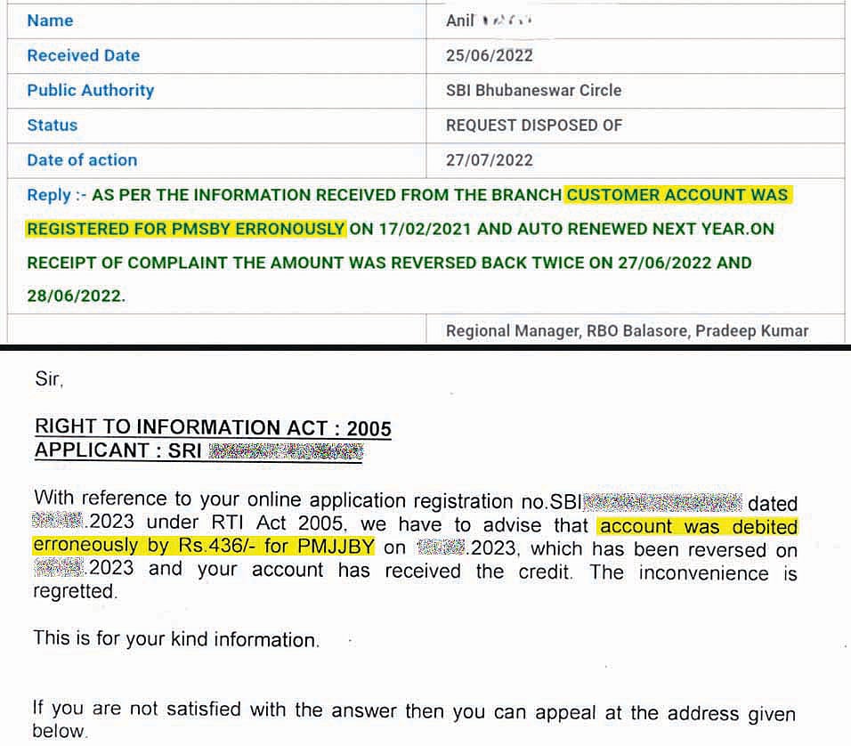 SBI’s reply to customers who asked for PMJJBY and PMSBY enrolment forms under the RTI Act